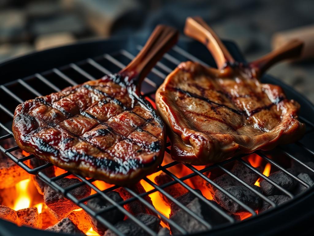 Lihaa ja kierrettyä makkaraa puuhiiligrillillä leirissä