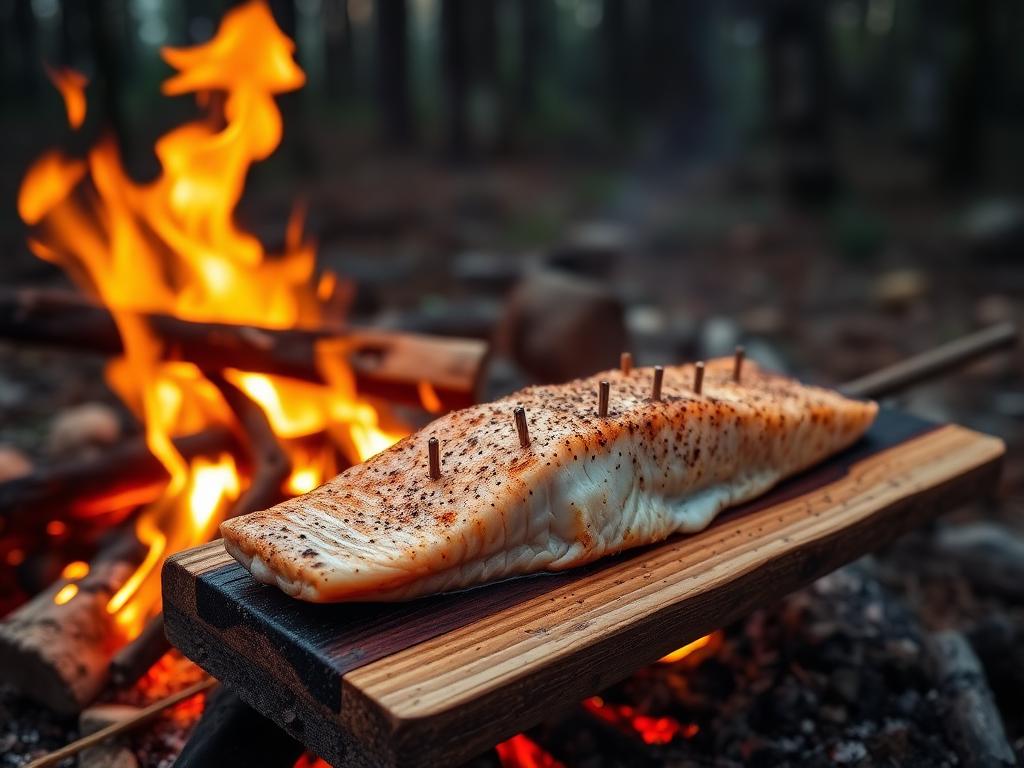Lohifile puulaudalla nuotion äärellä