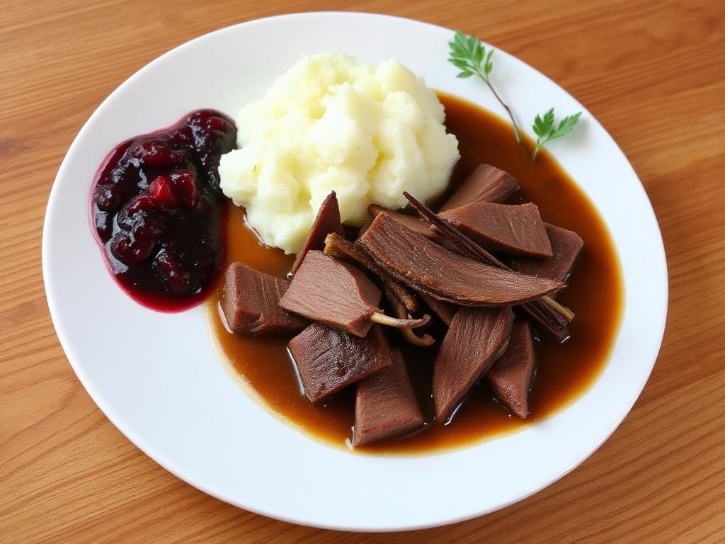 Poronkäristystä perunamuusin ja puolukoiden kanssa lautasella