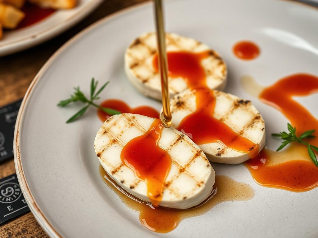 Grillattuja vuohenjuustoviipaleita punaisen mojon ja hunajan kanssa