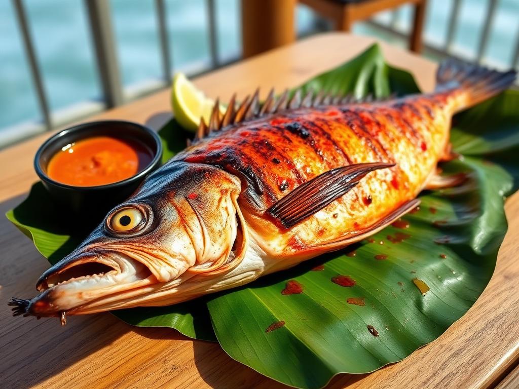 Grillattu kokonainen kala banaaninlehdellä chilitahnan kera