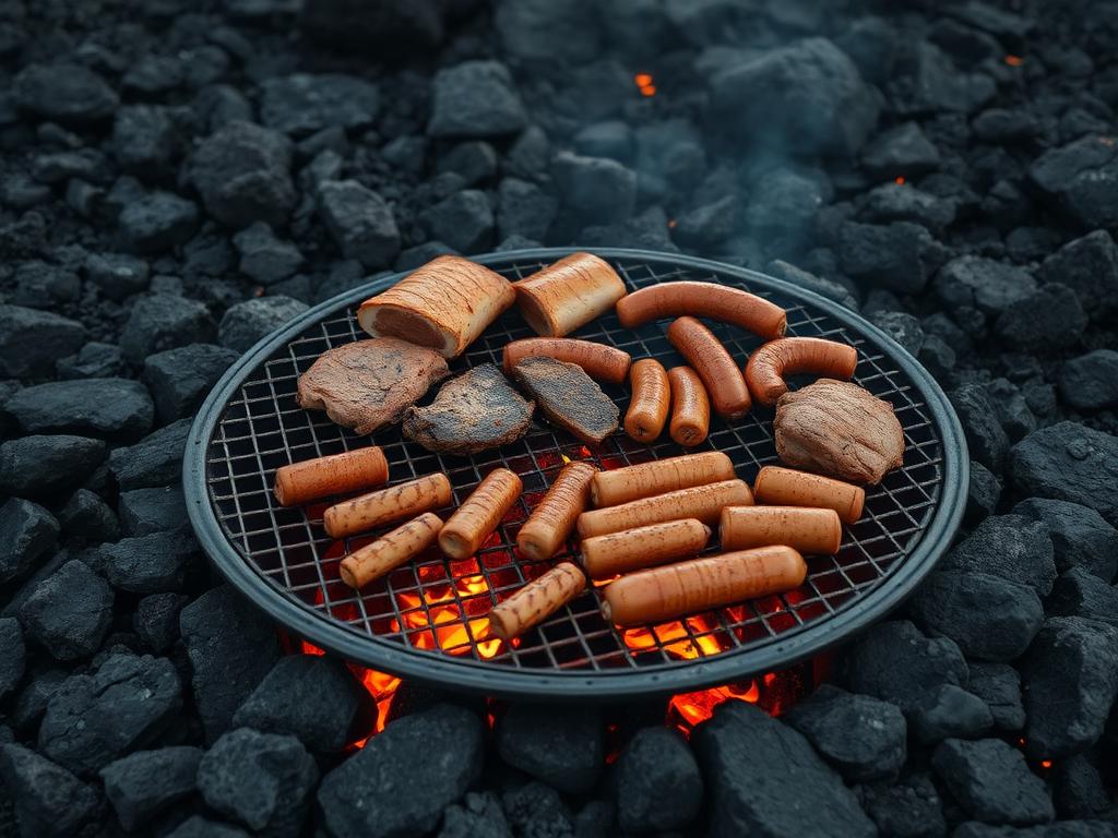 Lihaa grillautumassa ritilällä mustan laavakiven päällä