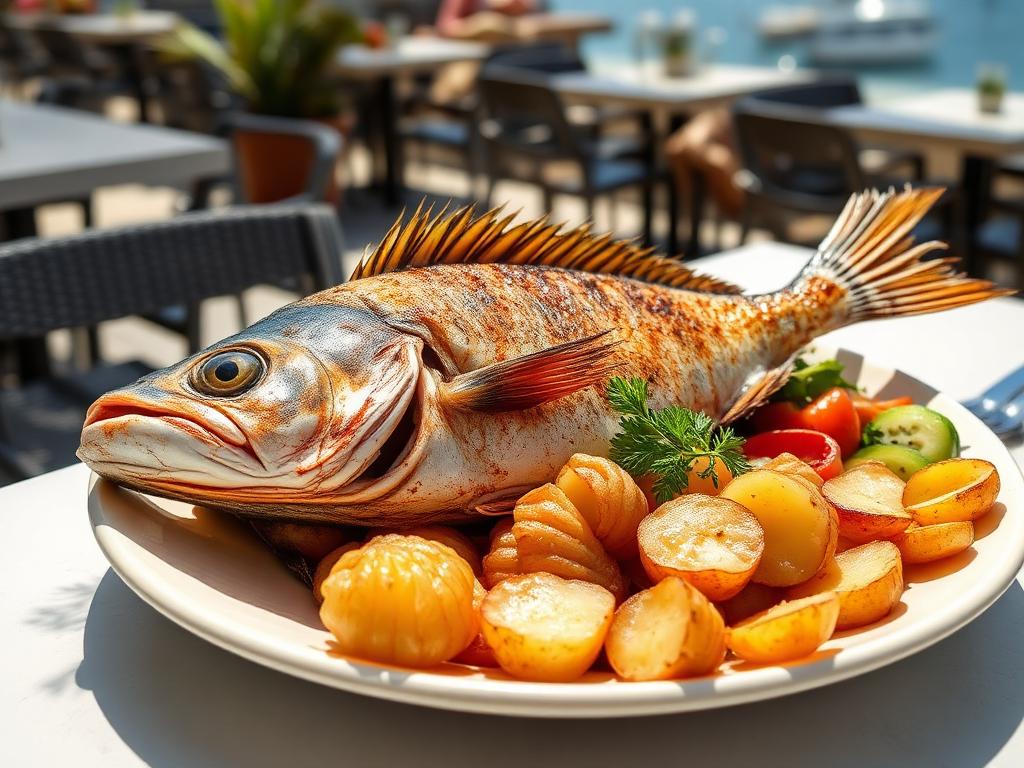 Grillattu kokonainen kala lautasella ryppyperunoiden kanssa