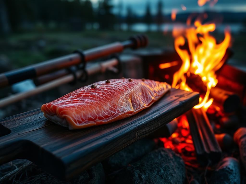 Lankulla avotulen ääressä kypsyvää lohifileetä