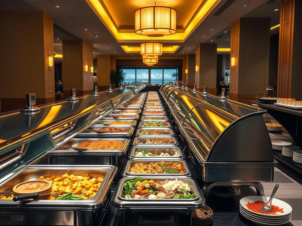 Runsas buffet-linjasto lämpimine ruokineen ja jälkiruokineen