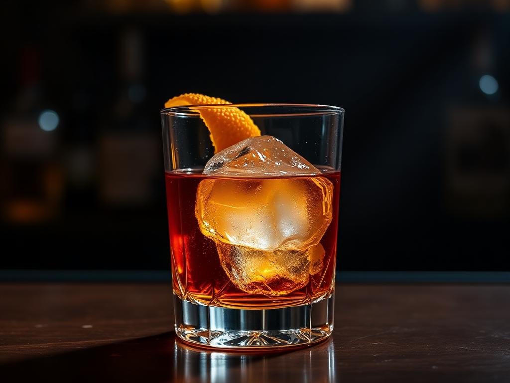 Ruskea cocktail matalassa lasissa suuren jääkuution kanssa
