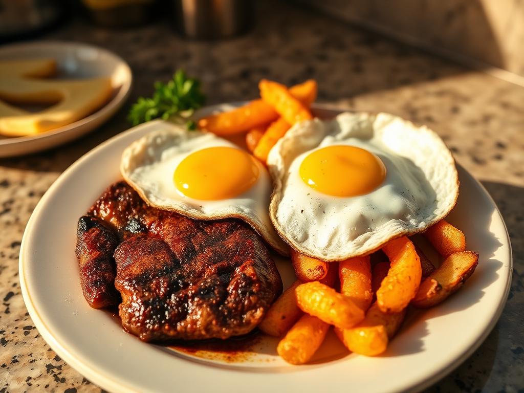 Pihvi ja kaksi paistettua kananmunaa perunoiden kanssa lautasella