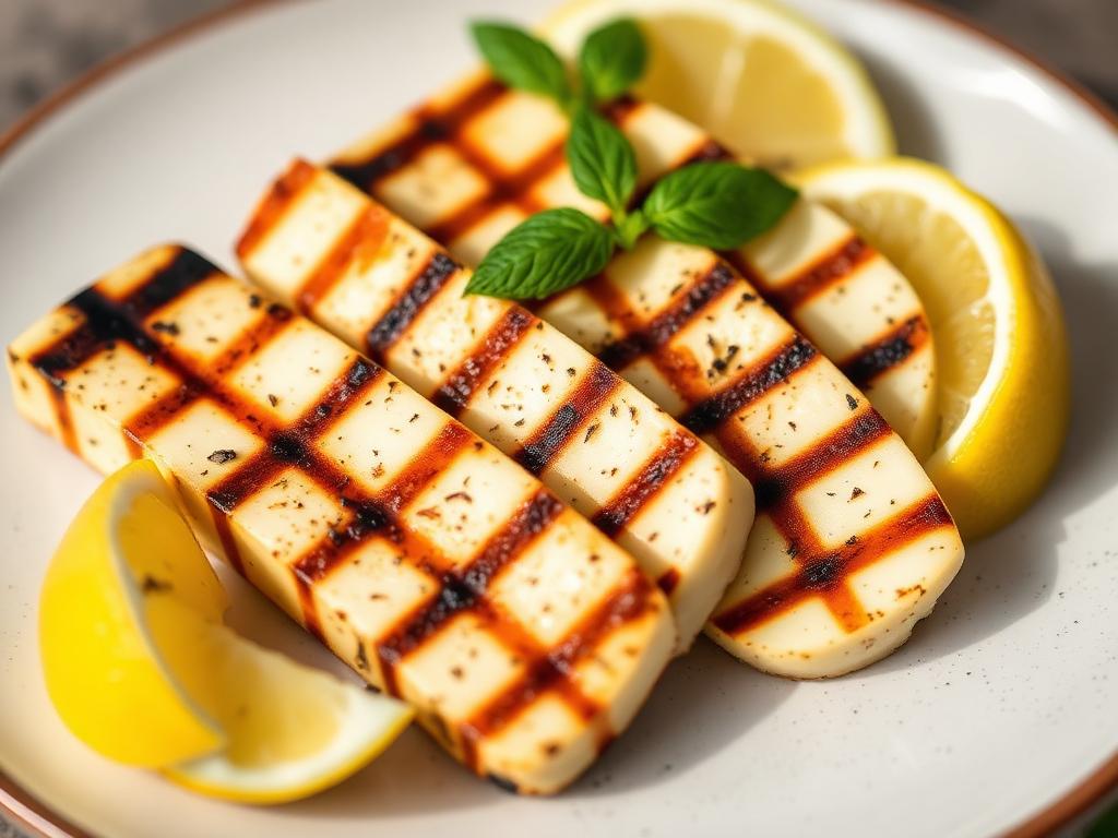 Grillattuja juustoviipaleita grillijäljillä lautasella sitruunan kanssa