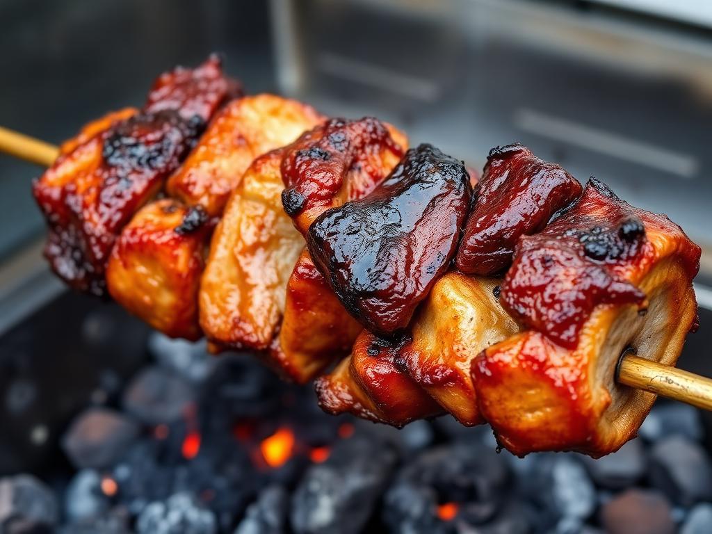 Isoja lihapaloja pyörivällä vartaalla hiiligrillin päällä