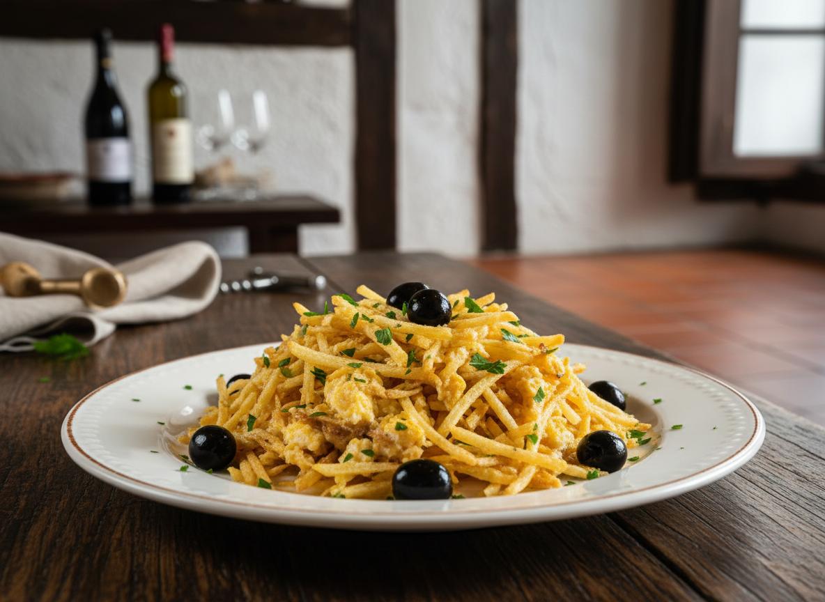Bacalhau à brás - suolattua turskaa perunoiden ja kananmunan kera