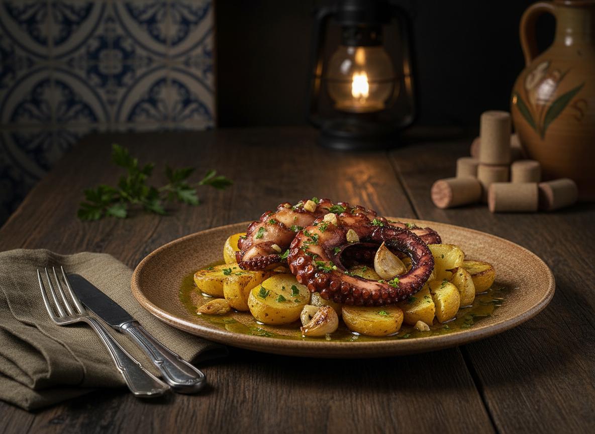 Polvo à lagareiro - mustekalaa valkosipulin ja perunoiden kera