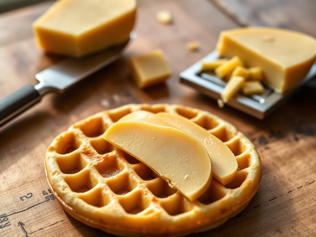 Ohuita ruskeita juustosiivuja vohvelin päällä