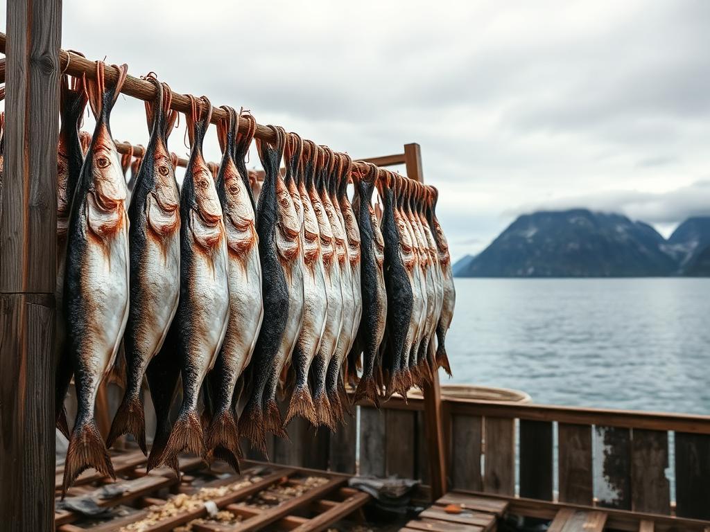 Kuivattua turskaa puutelineessä rannikkomaisemassa