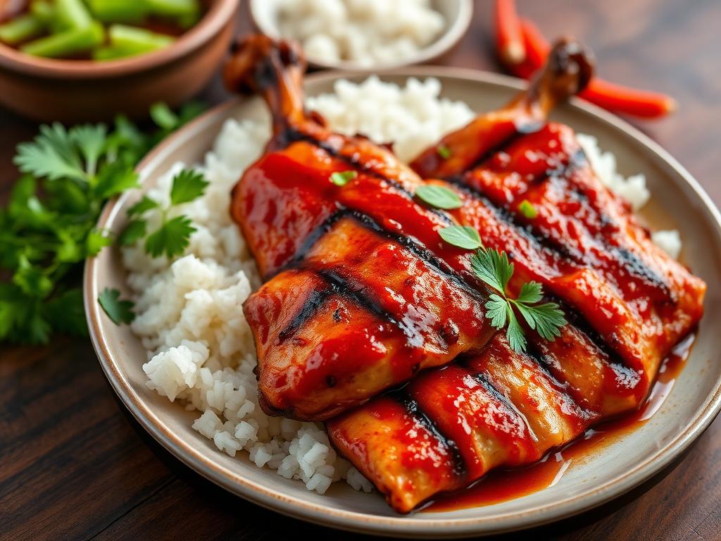 Grillattua punaisella chilimarinadilla siveltyä kanaa riisin kanssa lautasella