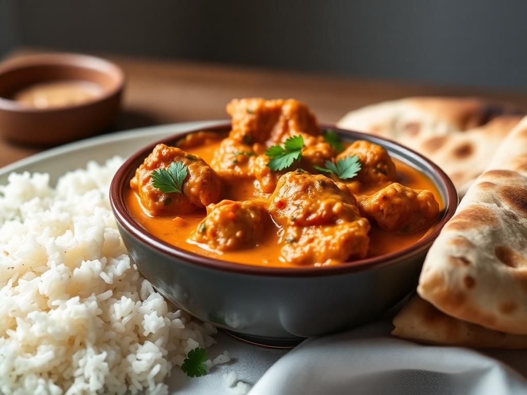 Oranssinpunaista kanacurrya kulhossa riisin ja naan-leivän kanssa