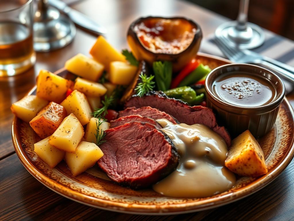 Paistiviipaleita uuniperunoiden ja Yorkshire puddingin kanssa lautasella