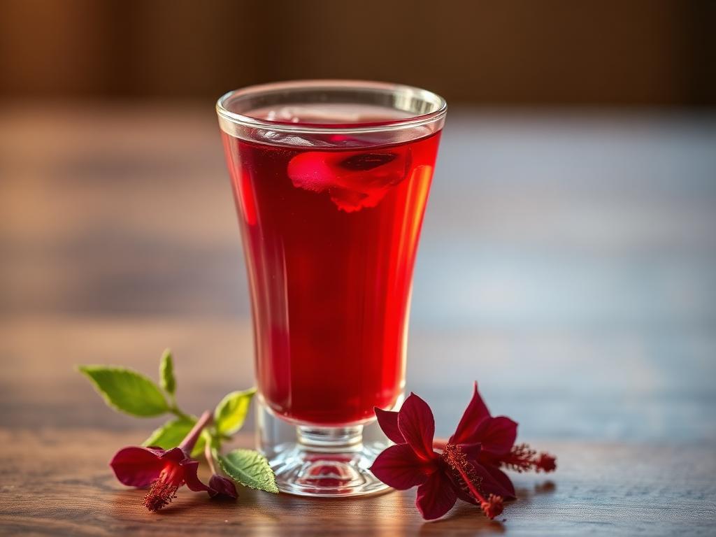 Syvänpunaista hibiskusjuomaa lasissa kuivattujen kukkien vieressä