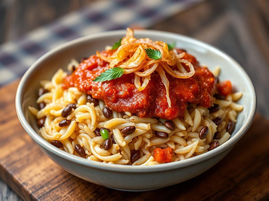 Riisiä, pastaa ja linssejä kulhossa tomaattikastikkeen ja paistetun sipulin kera