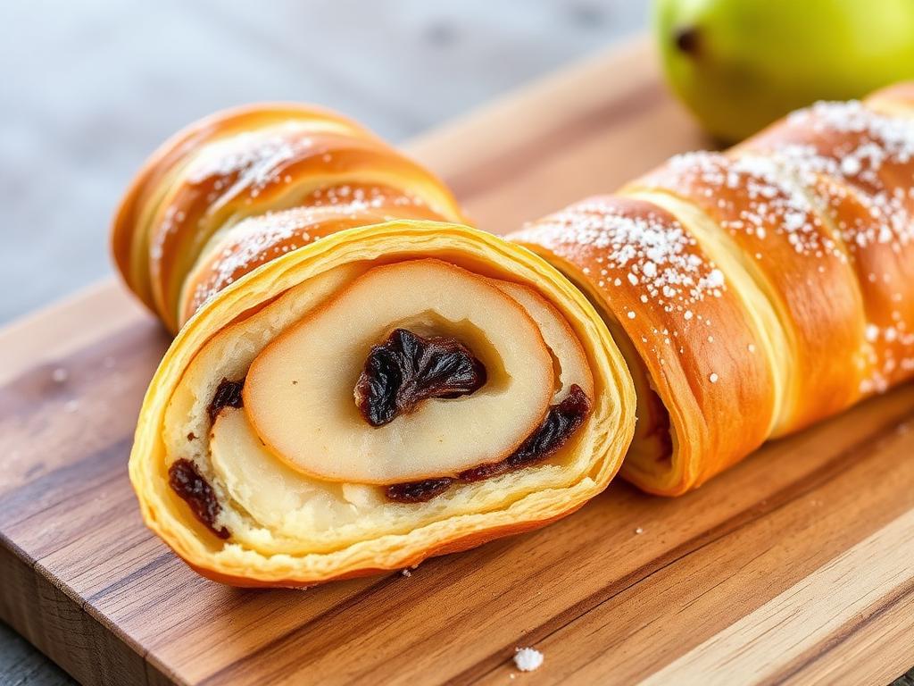 Viipaloitu leivos, jossa tumma päärynätäyte ohuen taikinan sisällä