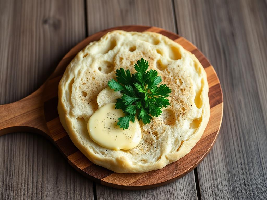 Litteä leipä halkaistuna ja valkosipulivoilla voideltuna