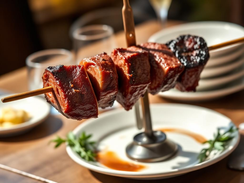 Grillattuja naudanlihapaloja laakeritikussa telineessä