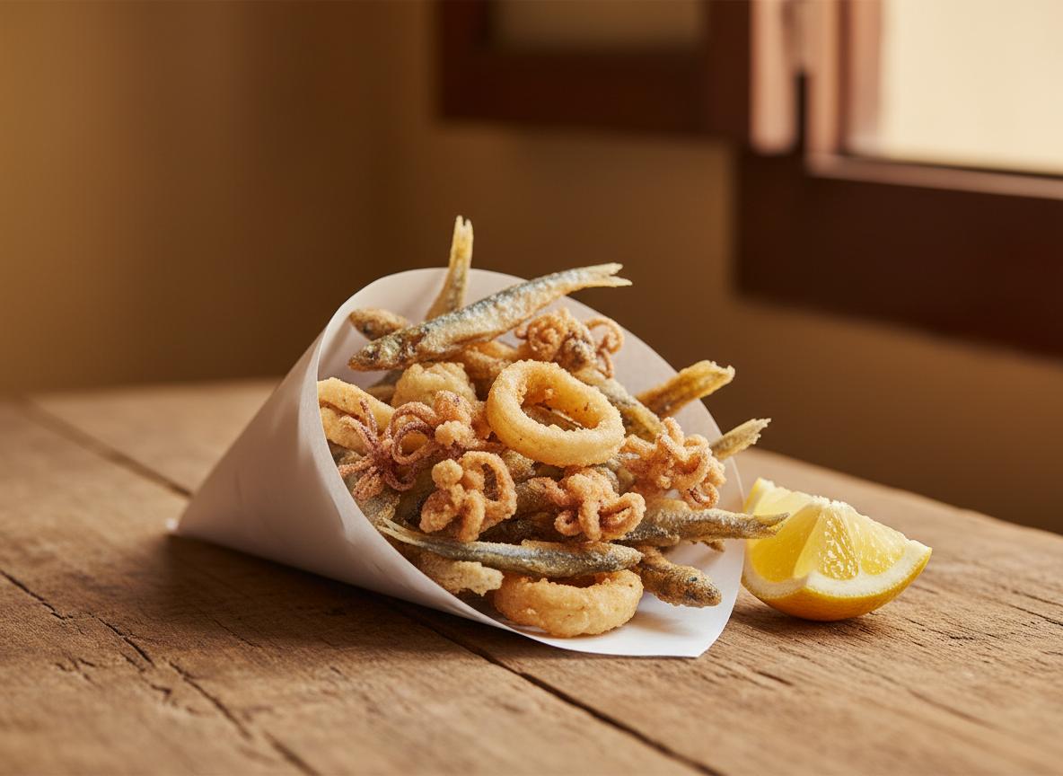 Pieniä frittoja kaloja paperipussissa Málagassa