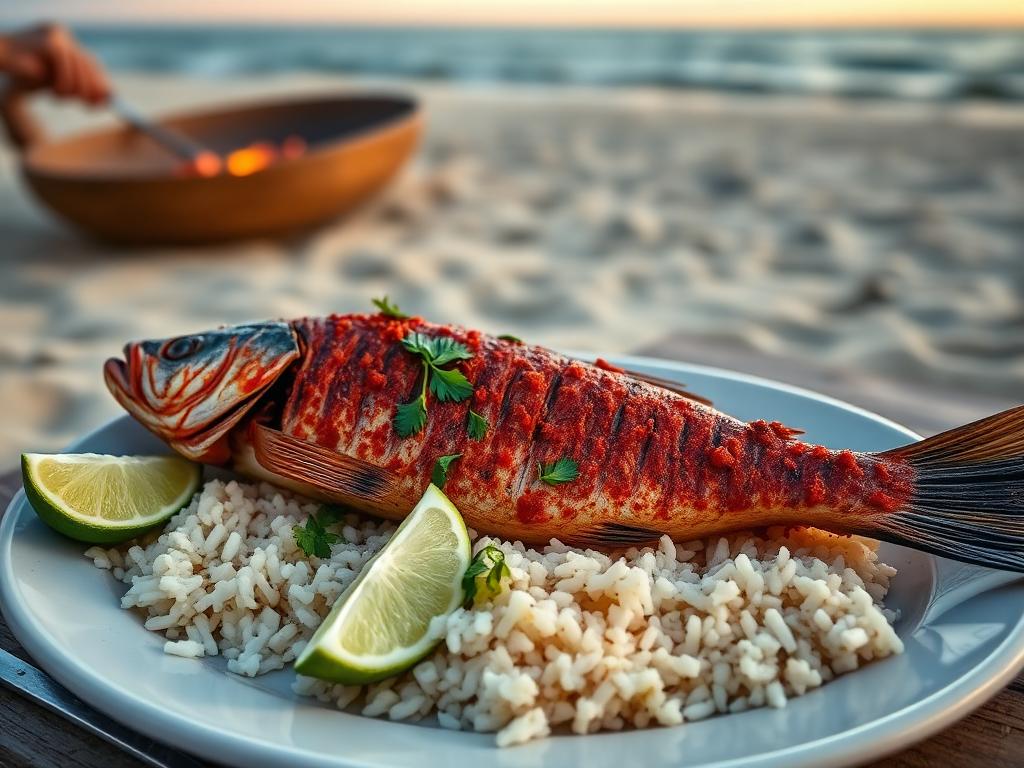 Grillattu kokonainen kala punaisella mausteseoksella lautasella limen kera
