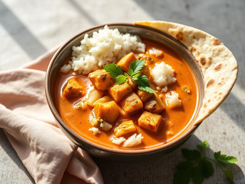 Paksua kalacurrya kulhossa riisin ja litteän leivän kera