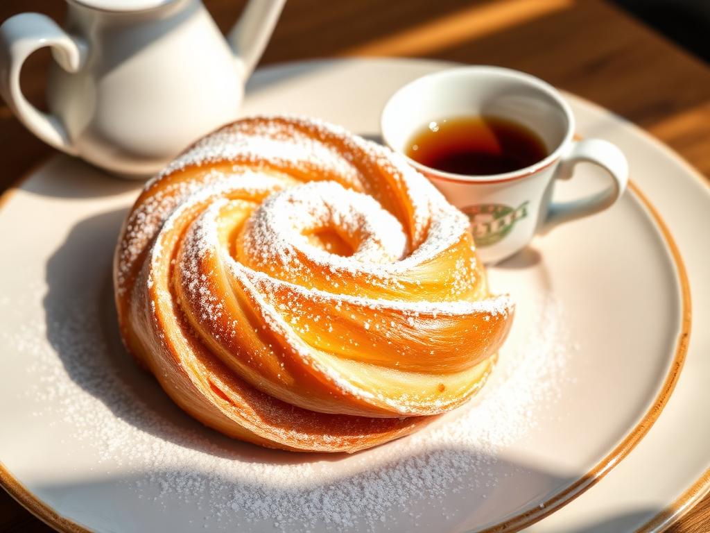 Spiraalinmuotoinen pulla tomusokerilla leipomon tiskillä