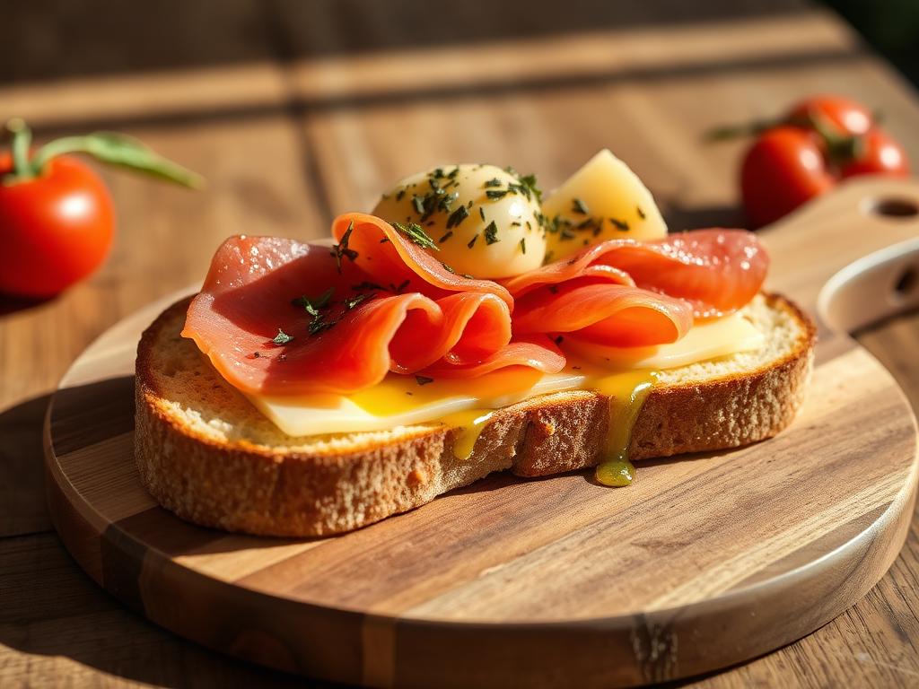 Tomaatilla hierottu leipä kinkun ja oliivien kera