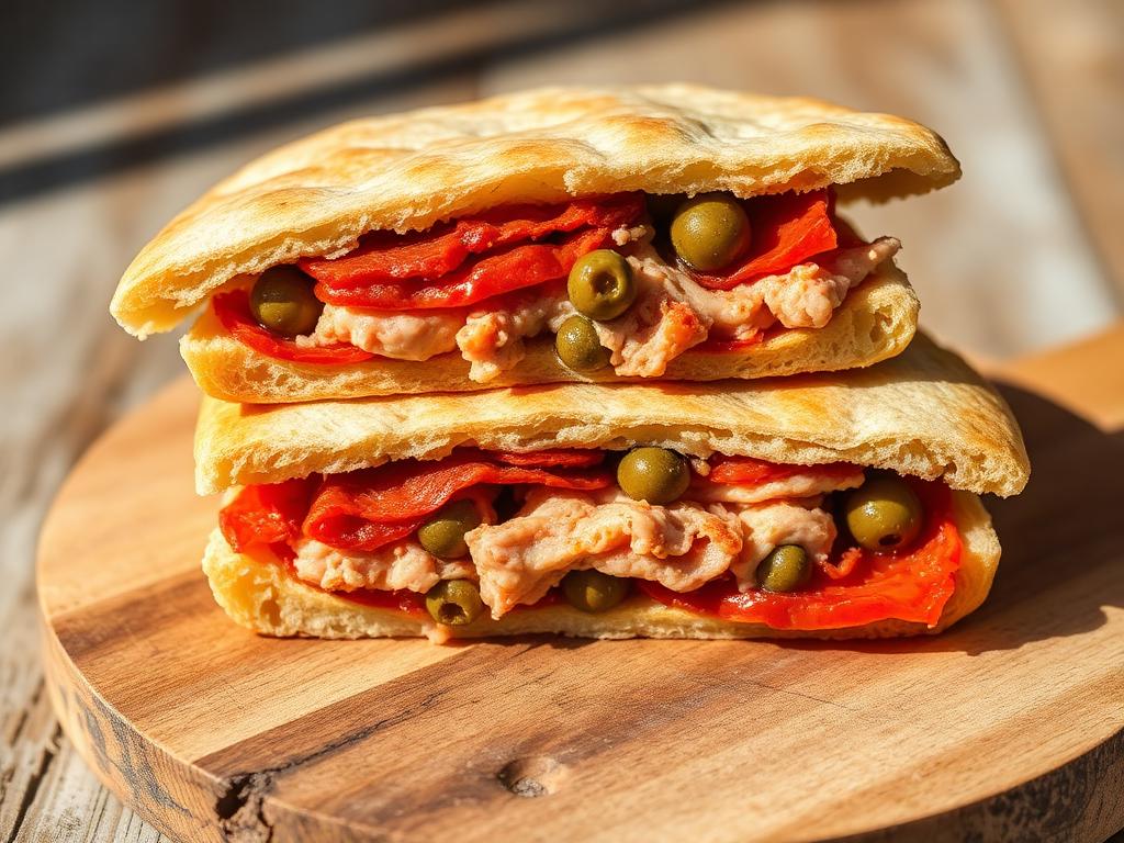 Täytetty litteä leipä tonnikalan, tomaatin ja oliivien kera