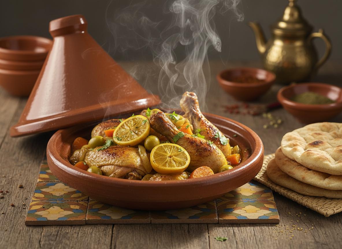Tagine-ruoka kartiokantisessa saviastiassa