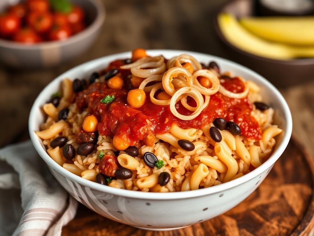 Riisiä, pastaa ja linssejä tomaattikastikkeessa rapean sipulin kanssa kulhossa