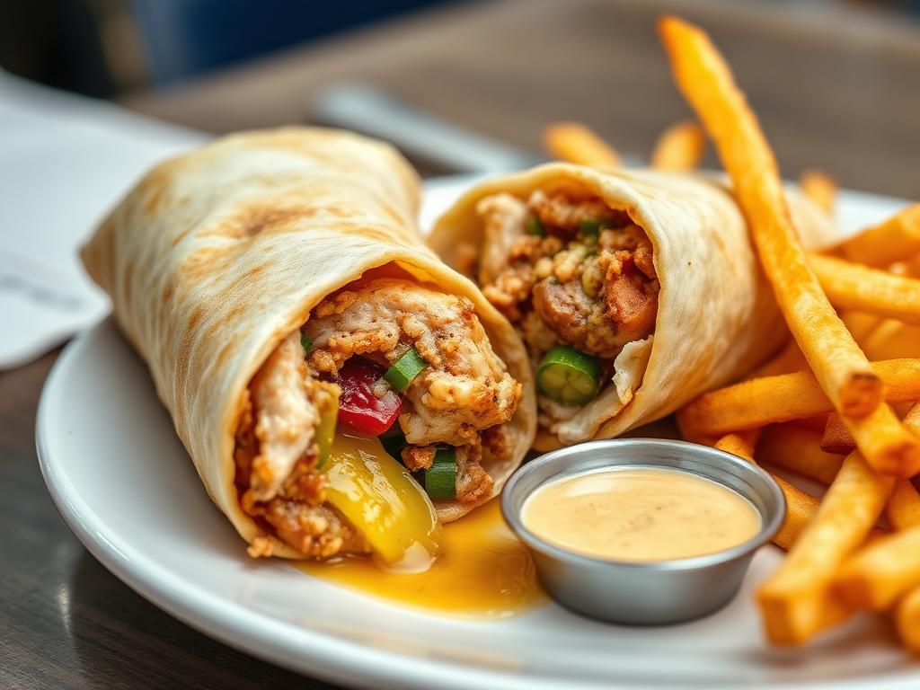 Leipään kääritty shawarma tahinin ja salaatin kanssa kojussa