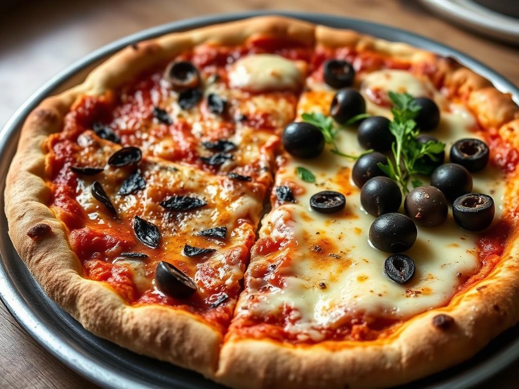 Ohut pizza, jonka puoliskot on täytetty eri tavoin