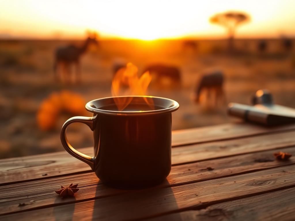 Kuumaa maitoteetä emalimukissa savannin auringonnousussa