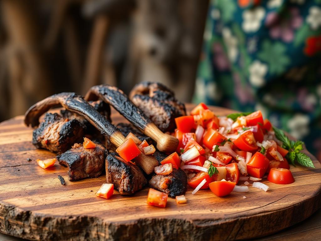 Hiiligrillattua lihaa pilkottuna puulaudalla salaatin kanssa