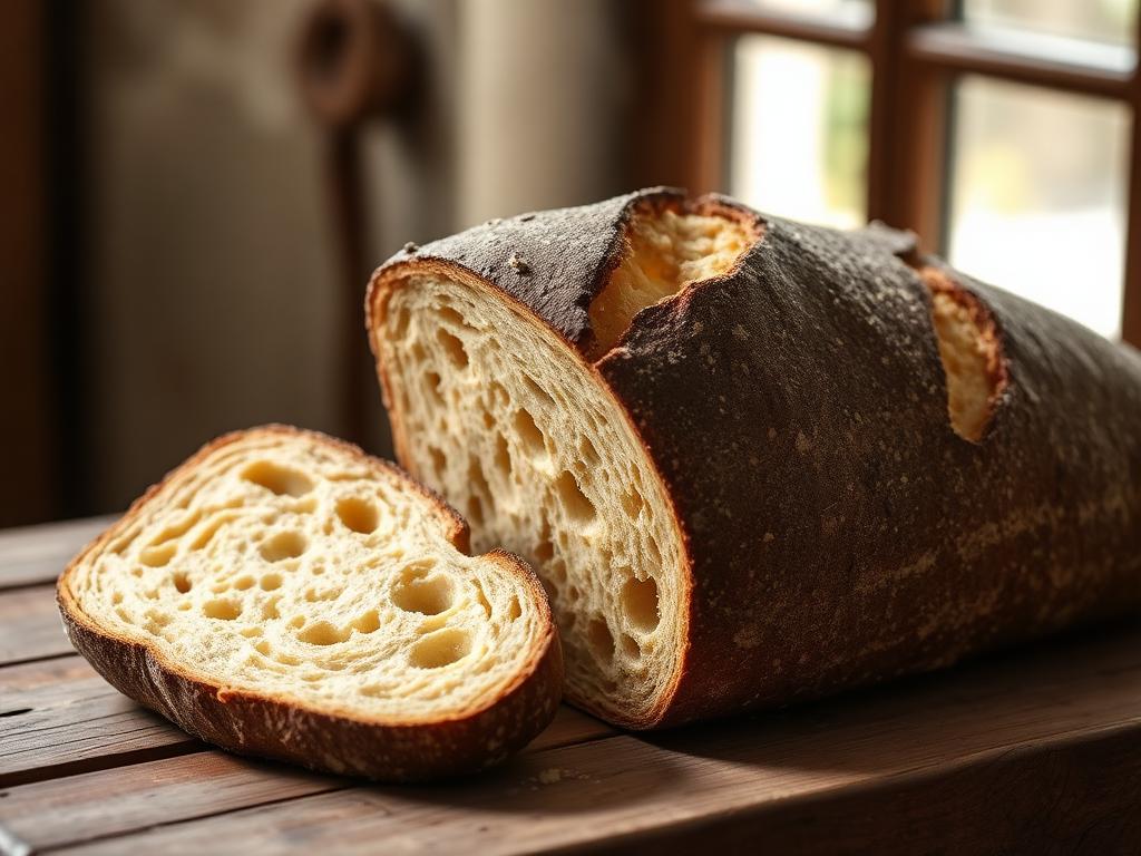 Korkea tummakuorinen leipä leikattuna, keltainen huokoinen sisus näkyvissä