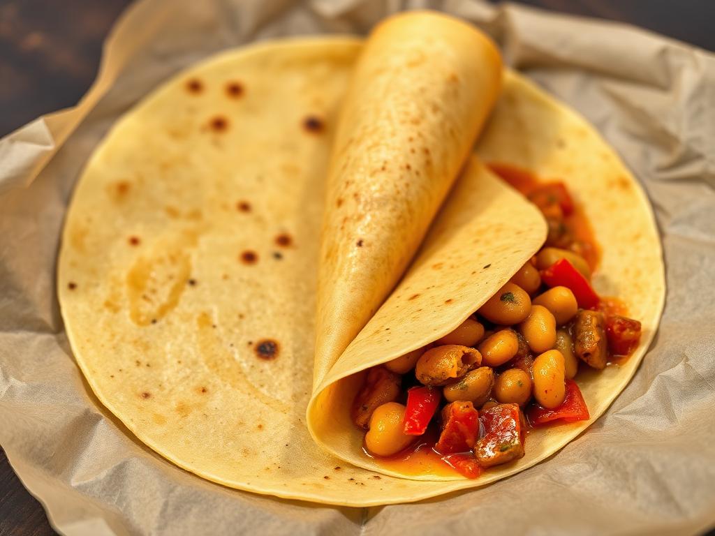 Ohutleipärulla täytettynä papucurrylla ja chilitahnalla paperissa
