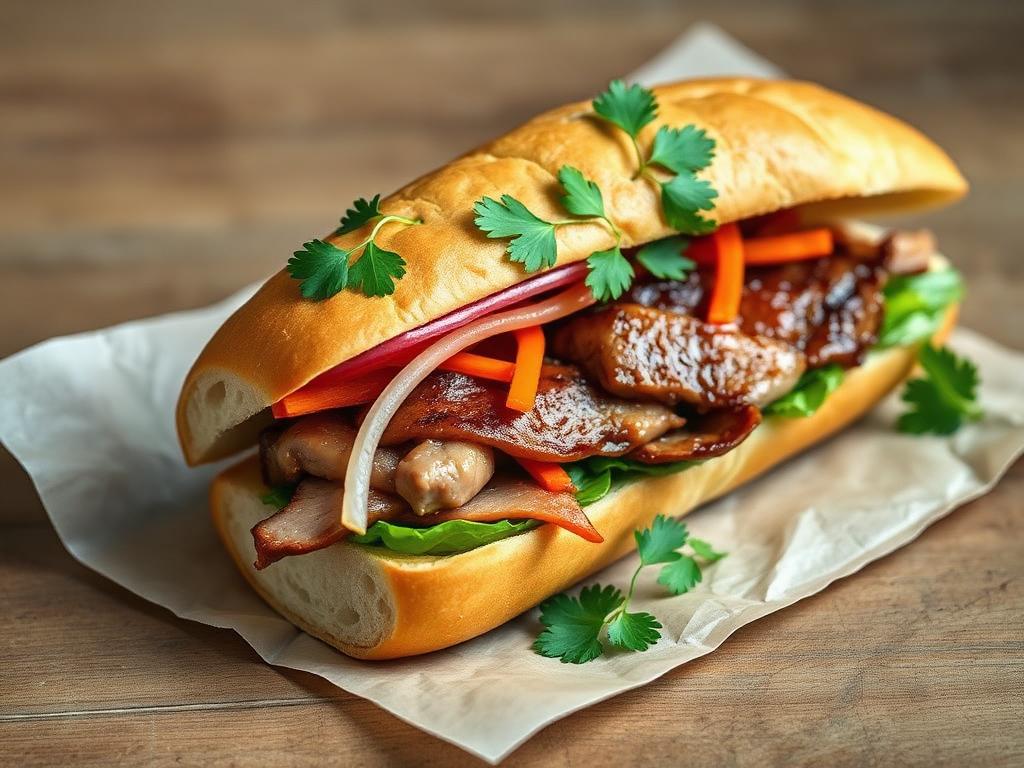 Täytetty patonki grillatulla lihalla ja pikkelöidyillä vihanneksilla