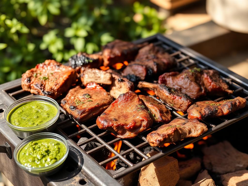 Grillattuja naudanlihapaloja hiiligrillillä chimichurrikulhon vieressä