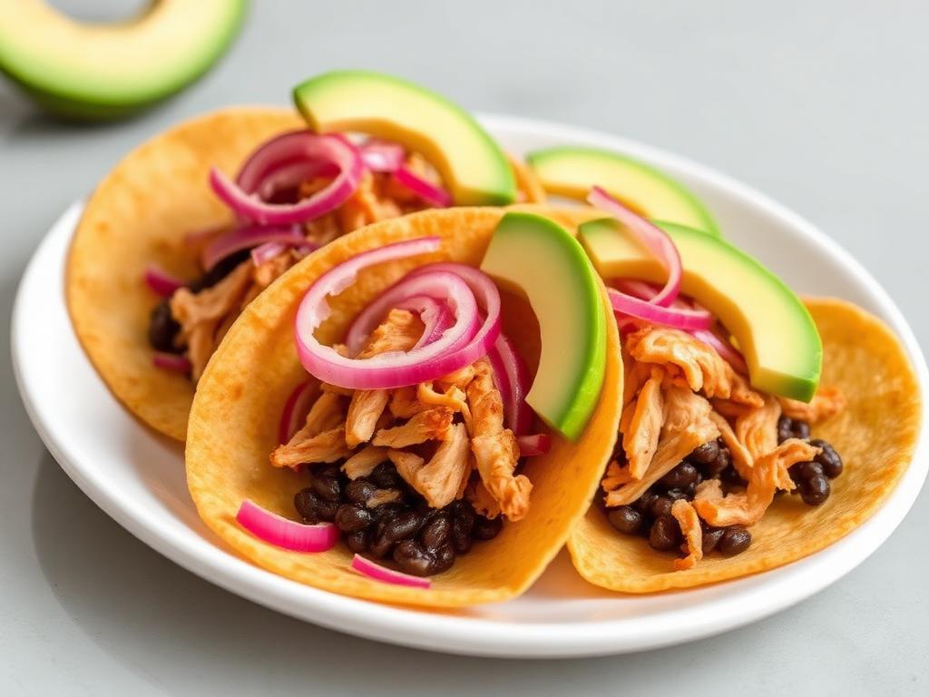 Pieniä rapeita tortilloja kanan, punasipulin ja avokadon kera lautasella