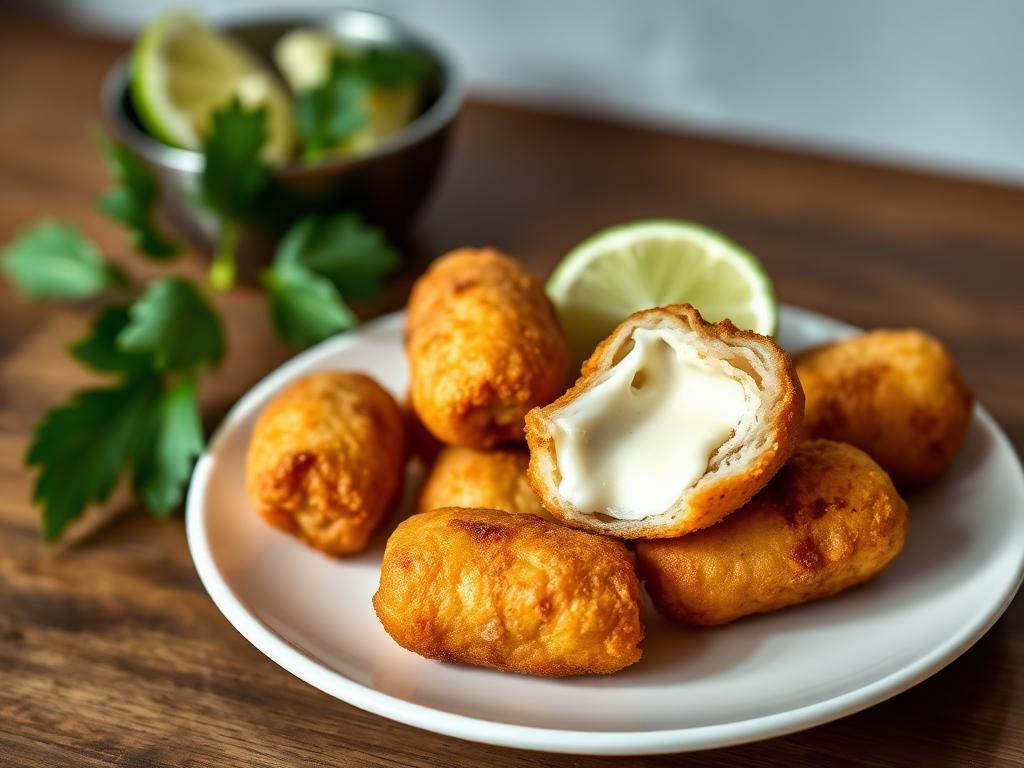 Rapeita pieniä krokettoja lautasella limelohkon kera