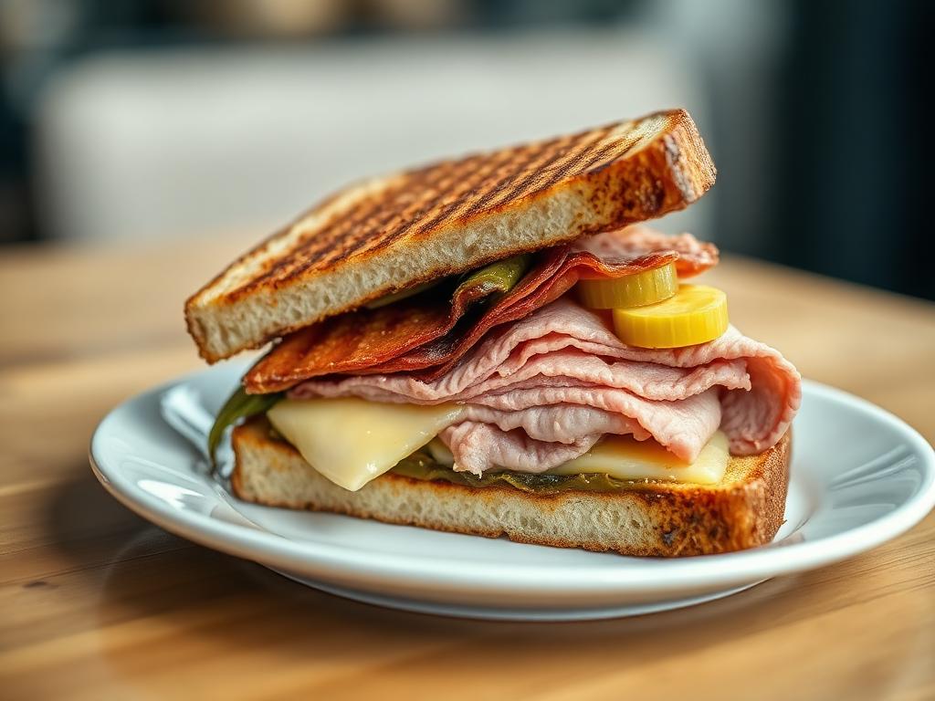 Puristettu kuubalainen sandwich halkaistuna lautasella