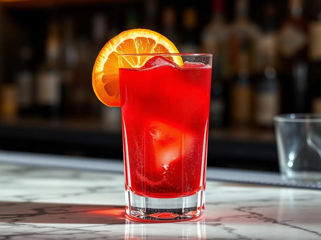 Punainen drinkki jäillä lasissa appelsiiniviipaleen kera