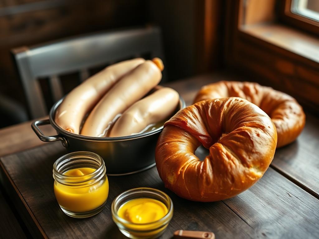 Kaksi vaaleaa makkaraa vesikulhossa makean sinapin ja rinkelin kanssa