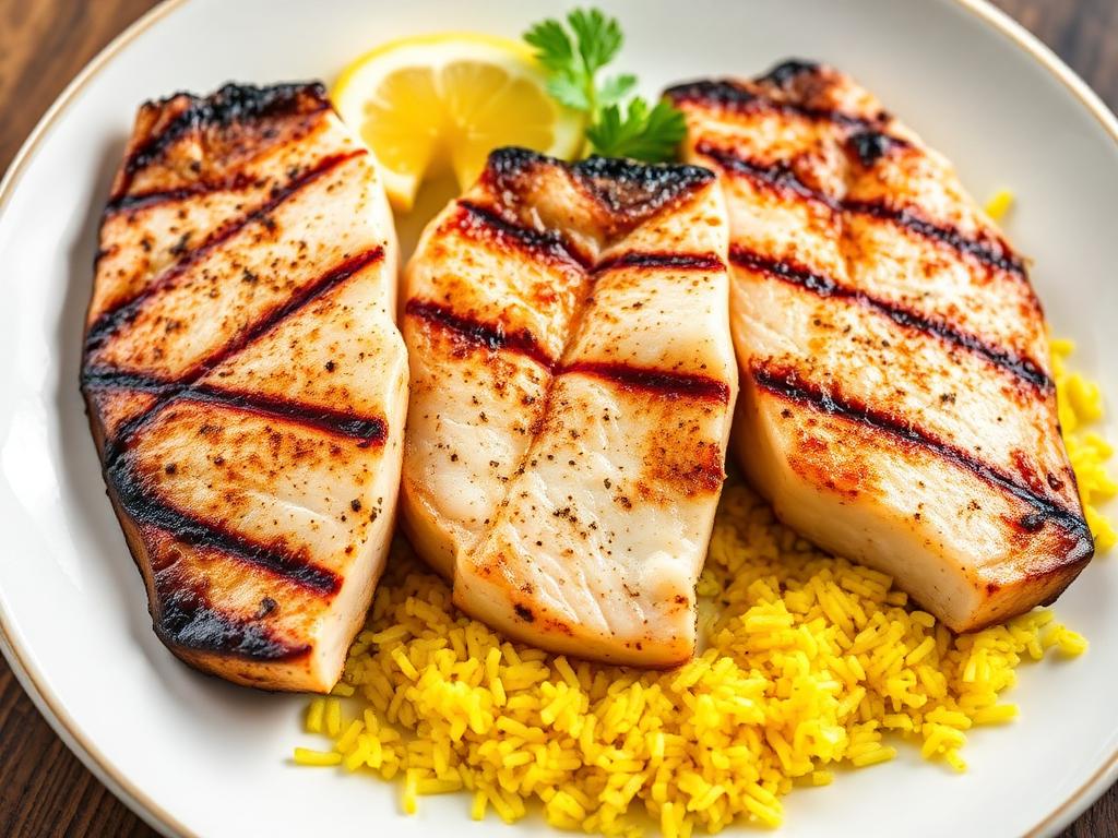 Grillattuja kalaviipaleita sitruunan ja riisin kanssa