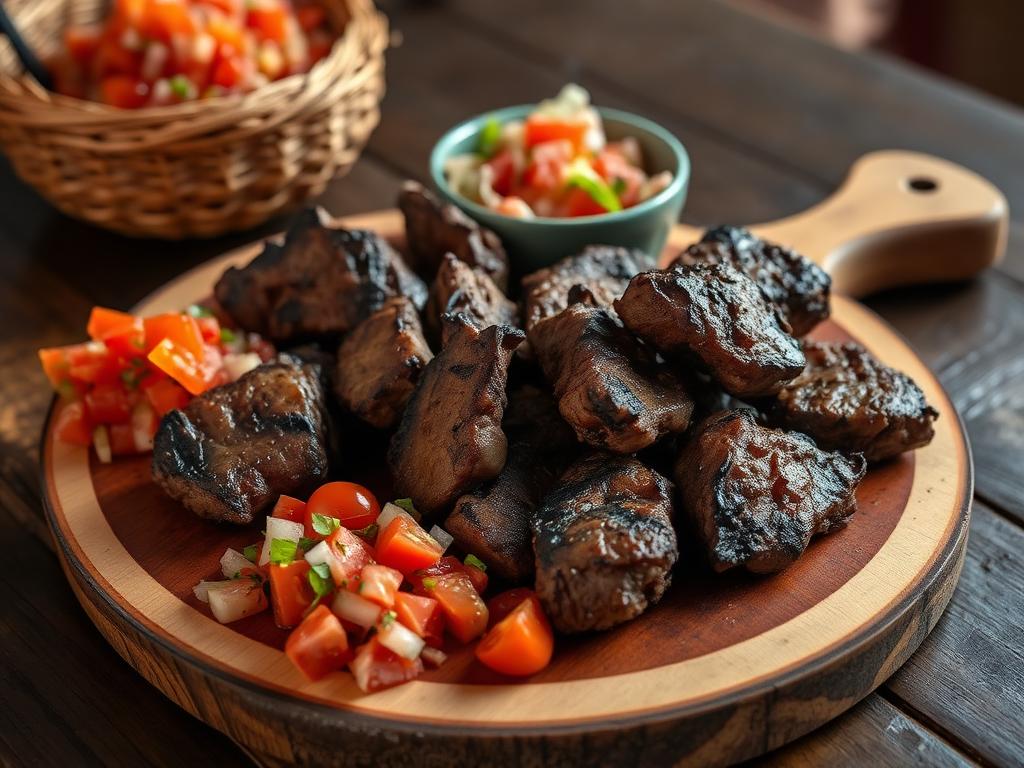 Hiilillä grillattua lihaa pilkottuna lautasella salaatin kanssa