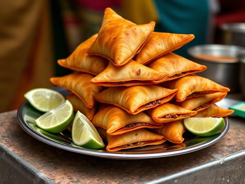 Kolmion muotoisia friteerattuja pasteijoita lautasella limetin kera