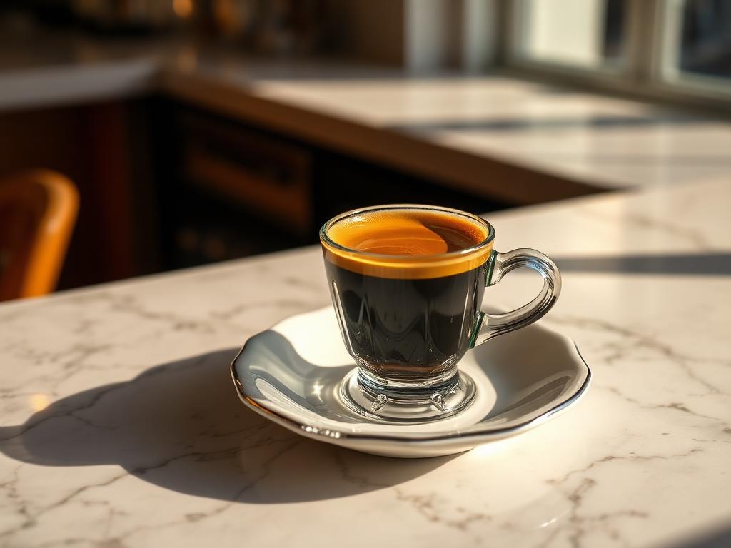 Pieni espressokuppi paksulla kermavaahtokerroksella baaritiskillä